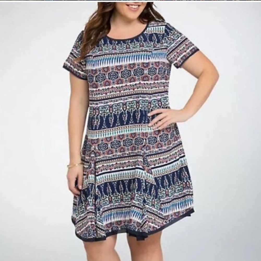 Torrid Multi Print Challis Tee Dress 2X NWT Boho Print 10457835